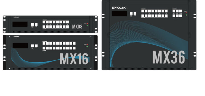 Sprolink hdmi matrix switchers of 2U, 4U and 8U chassis.