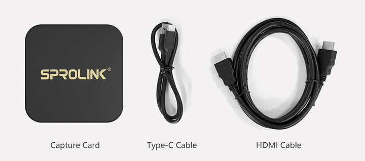Sprolink video capture card parts list include capture card、type-c cable and hdmi cable.