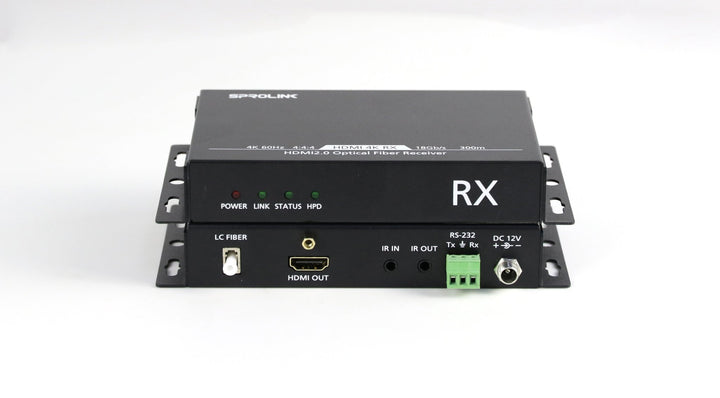 Sprolink LK2 Fiber optic receiver front & back, with IR in/out，HDMI output and RS232 port. 