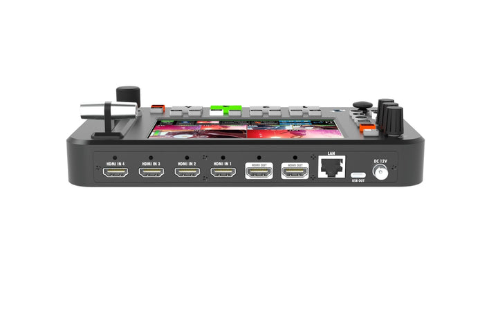 R2 plus Video Mixer Switcher comes with 4-HDMI inputs, 2-HDMI outputs and 1-USB output, and 1 LAN port.