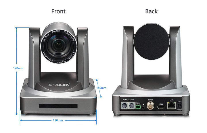 Sprolink IP PTZ camera front and back, with Hdmi port, SDI port, LAN port and RS232 in/out.